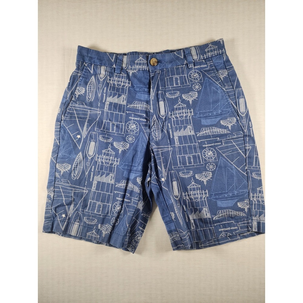 Vineyard Vines Mens Blueprint Boat Lighthouse Chino Shorts Size 28 Nautical Blue